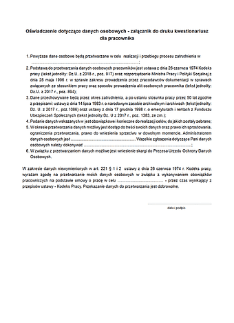 KOP-zal Oświadczenie dotyczące danych osobowych - załącznik do druku kwestionariusz dla pracownika kadry pracownicy