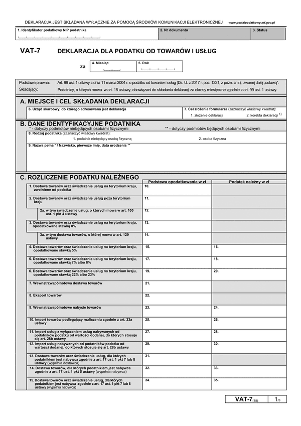 CzVAT-7 (18) (archiwalny) Gminne (samorządowe) jednostki budżetowe - deklaracja VAT-7 częściowa (do przekazania organom gminy celem stworzenia łącznej deklaracji VAT)  