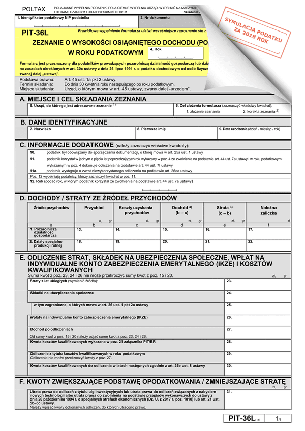 PIT-36L (14) (archiwalny) (2018) Zeznanie o wysokości osiągniętego dochodu (poniesionej straty)
