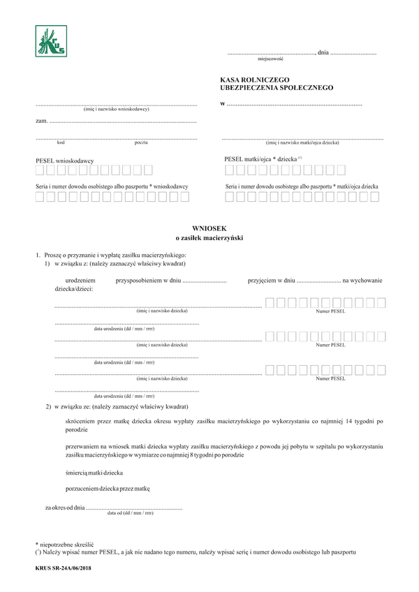 KRUS SR-24A (archiwalny) Wniosek o zasiłek macierzyński