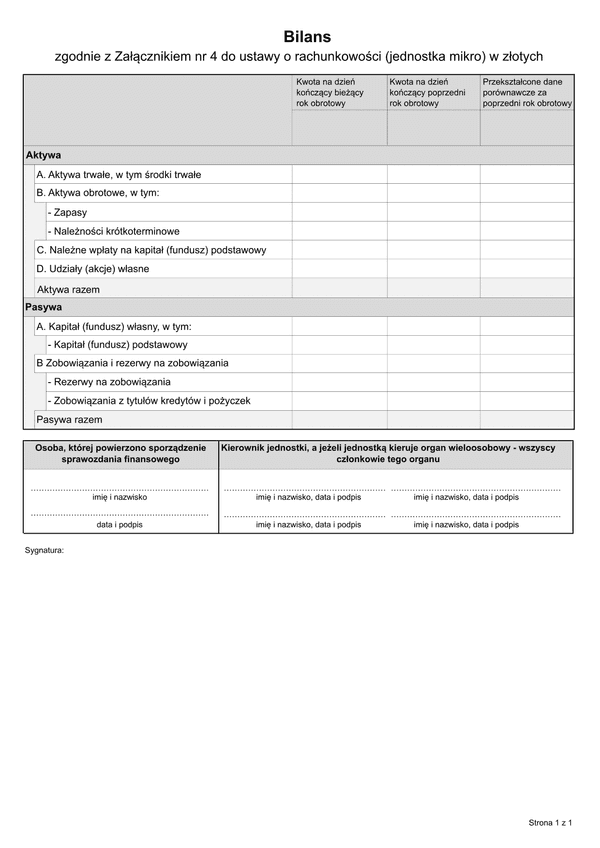 SFJMIZ BIL (archiwalny) Bilans - zgodnie z Załącznikiem Nr 4 do ustawy o rachunkowości (jednostka mikro) w złotych - z wysyłką JPK_SF (1)