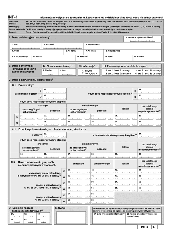 PFRON INF-1 (archiwalny) Informacja miesięczna o zatrudnieniu, kształceniu lub o działalności na rzecz osób niepełnosprawnych