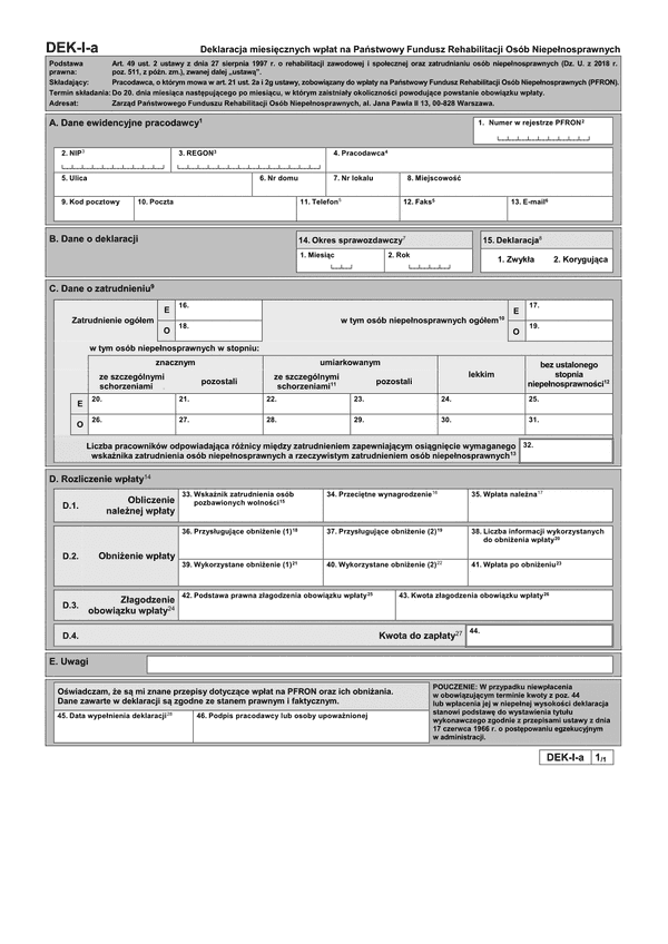 PFRON DEK-I-a (archiwalny) Deklaracja miesięcznych wpłat na Państwowy Fundusz Rehabilitacji Osób Niepełnosprawnych