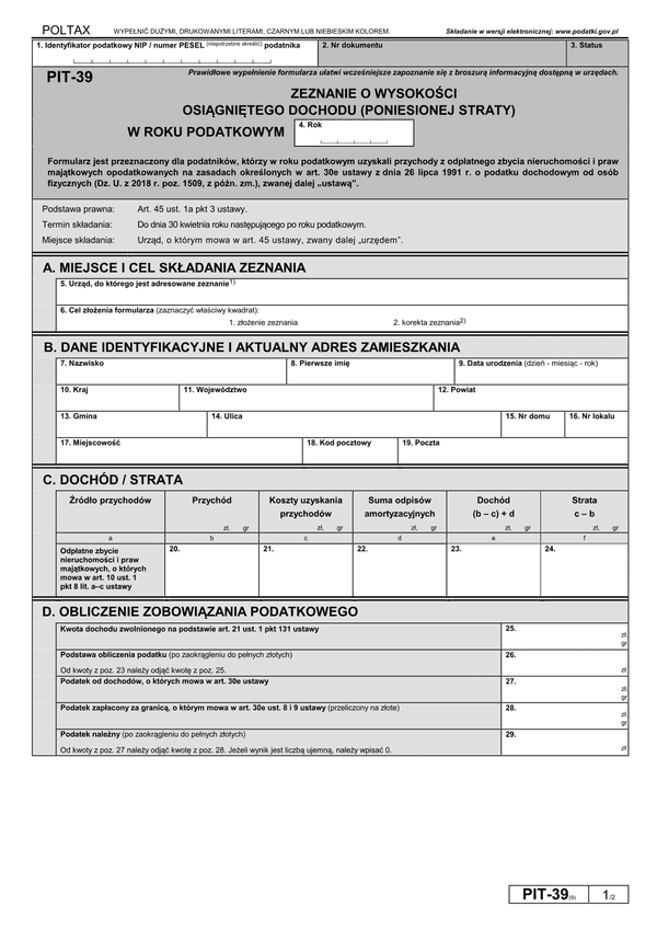 PIT-39 (9) (archiwalny) (2018) Zeznanie o wysokości osiągniętego dochodu (poniesionej straty)