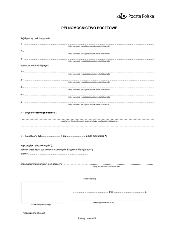 PP 88 (archiwalny) Pełnomocnictwo pocztowe - Poczta Polska S.A.