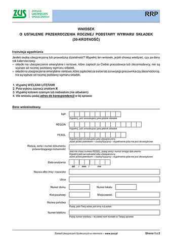 ZUS RRP Wniosek o ustalenie przekroczenia rocznej podstawy wymiaru składek (30-krotność)