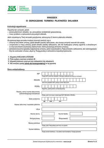ZUS RSO Wniosek o odroczenie terminu płatności składek