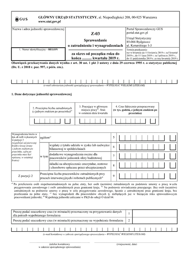 GUS Z-03 (2019) (archiwalny) Sprawozdanie o zatrudnieniu i wynagrodzeniach