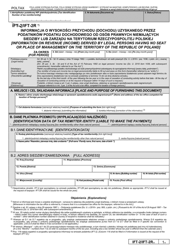 IFT-2R (8)  (archiwalny) (2018) Informacja o wysokości przychodu (dochodu) uzyskanego przez podatników podatku dochodowego od osób prawnych niemających siedziby lub zarządu na terytorium Rzeczypospolitej Polskiej