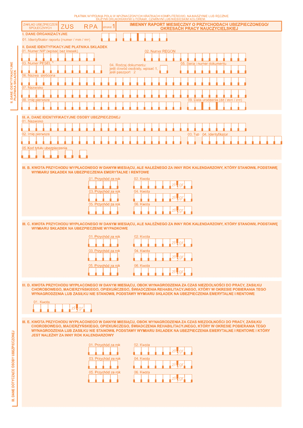 ZUS RPA Imienny raport miesięczny o przychodach ubezpieczonego/okresach pracy nauczycielskiej - z wysyłką do PUE ZUS