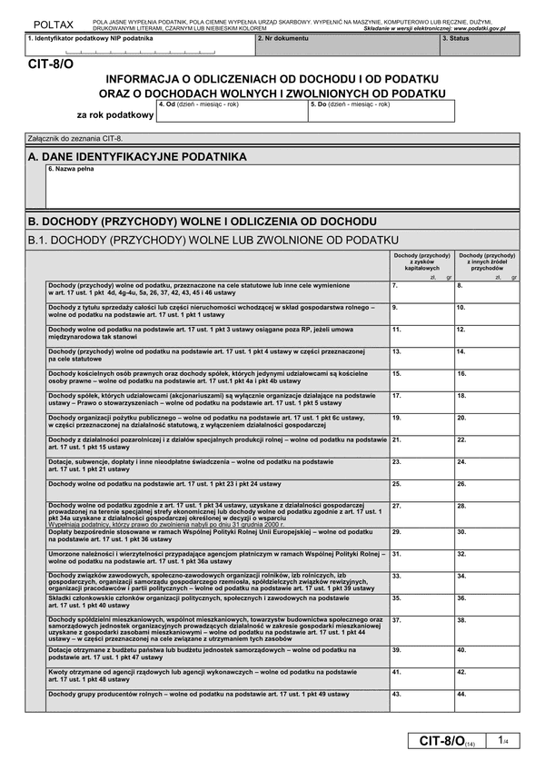 CIT-8/O (14) (archiwalny) Informacja o odliczeniach od dochodu i od podatku oraz o dochodach wolnych i zwolnionych od podatku