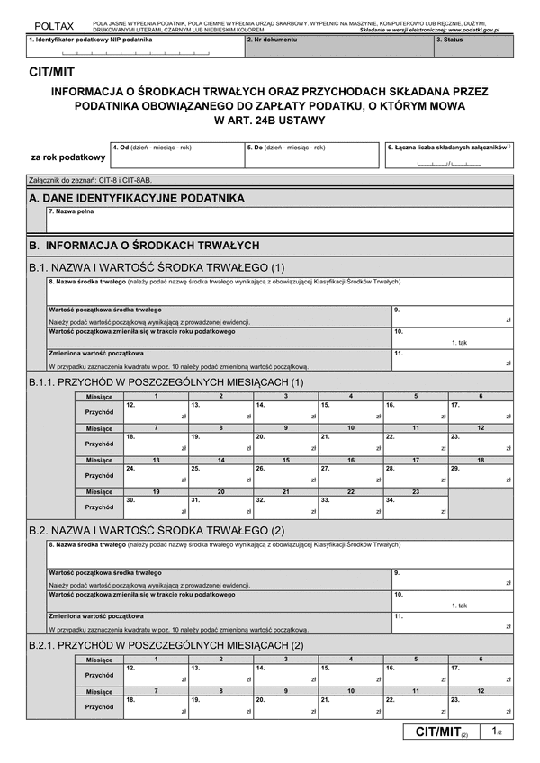 CIT/MIT (2) (archiwalny) Informacja o środkach trwałych oraz przychodach składana przez podatnika obowiązanego do zapłaty podatku, o którym mowa w art. 24b ustawy