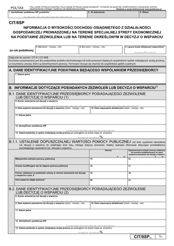 CIT/8SP (2) (archiwalny) Informacja o wysokości dochodu osiągniętego z działalności gospodarczej prowadzonej na terenie specjalnej strefy ekonomicznej na podstawie zezwolenia