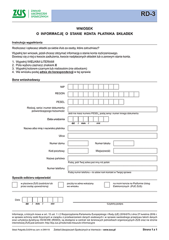 ZUS RD-3 Wniosek o informację o stanie konta płatnika składek - z wysyłką do PUE ZUS