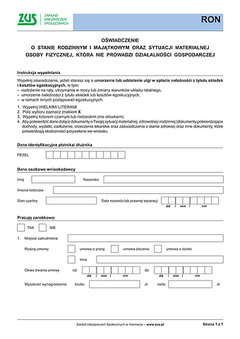 ZUS RON Oświadczenie o stanie rodzinnym i majątkowym oraz sytuacji materialnej osoby fizycznej, która nie prowadzi działalności gospodarczej