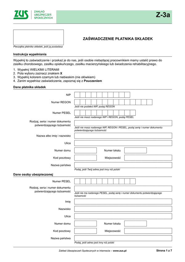 ZUS Z-3a (archiwalny) Zaświadczenie płatnika składek