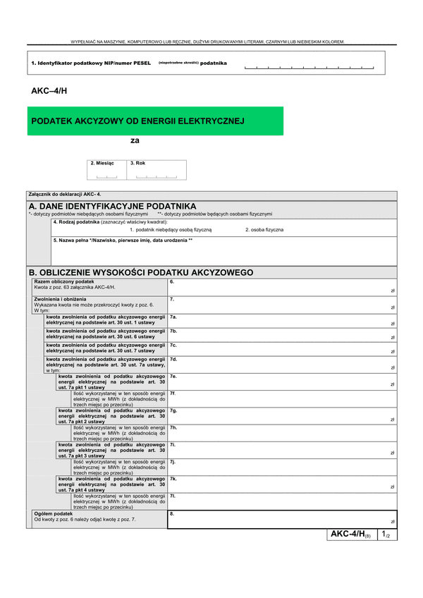 AKC-4/H (8) (archiwalny) Podatek akcyzowy od energii elektrycznej