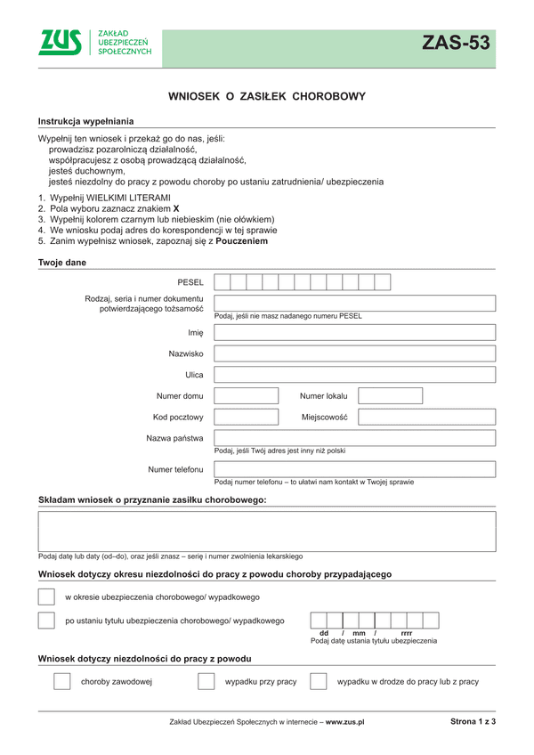 ZUS ZAS-53 (archiwalny) Wniosek o zasiłek chorobowy