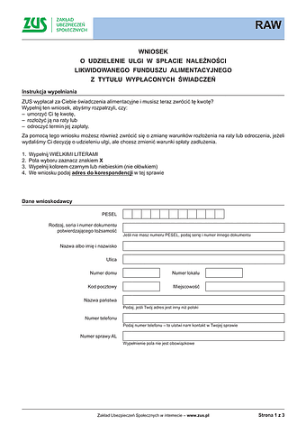 ZUS RAW Wniosek o udzielenie ulgi w spłacie należności likwidowanego funduszu alimentacyjnego z tytułu wypłaconych świadczeń