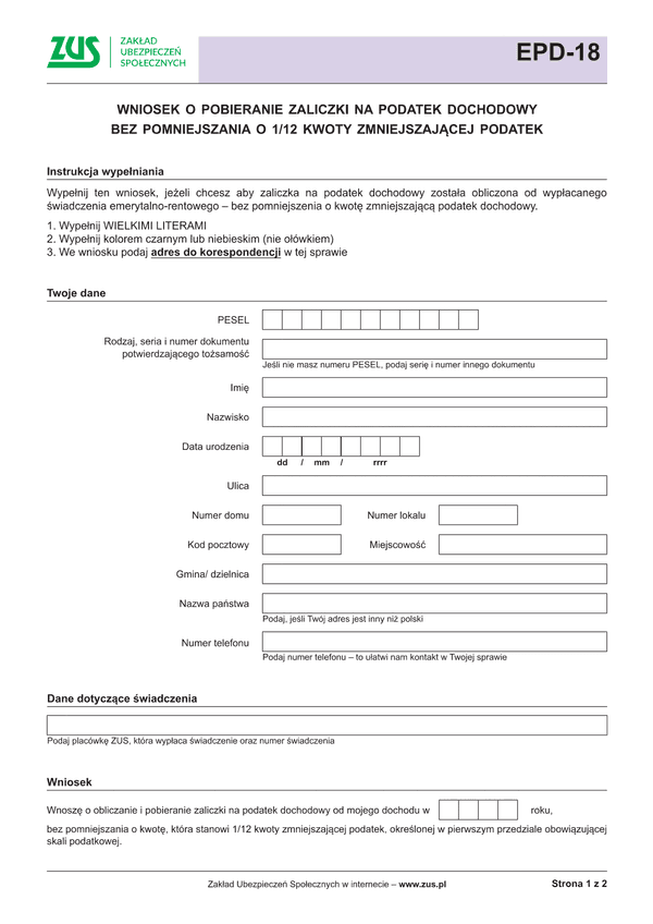 ZUS EPD-18 (archiwalny) Wniosek o pobieranie zaliczki na podatek dochodowy bez pomniejszania o 1/12 kwoty zmniejszającej podatek - wersja papierowa
