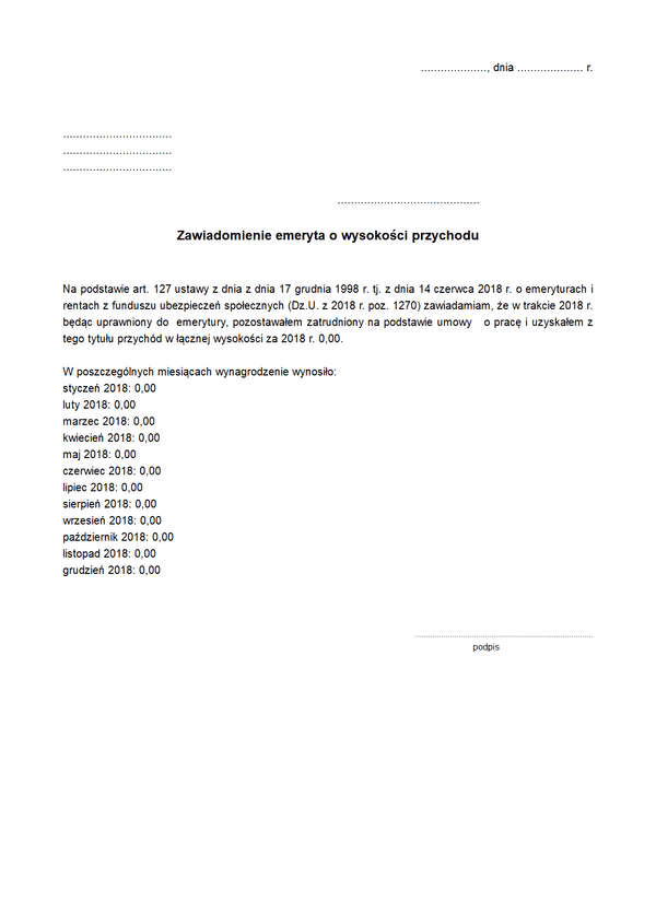 ZEoWP Zawiadomienie emeryta o wysokości przychodu 