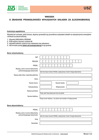 ZUS USZ Wniosek o zbadanie prawidłowości wykazanych składek za zleceniobiorcę