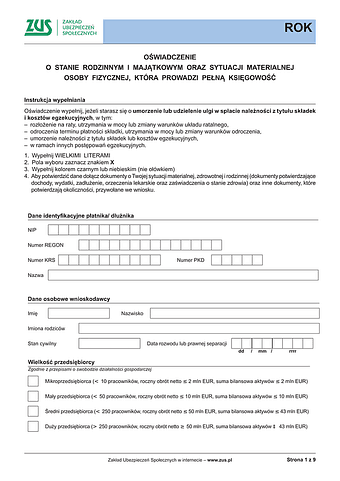 ZUS ROK Oświadczenie o stanie rodzinnym i majątkowym oraz sytuacji materialnej osoby fizycznej prowadzącej pełną księgowość