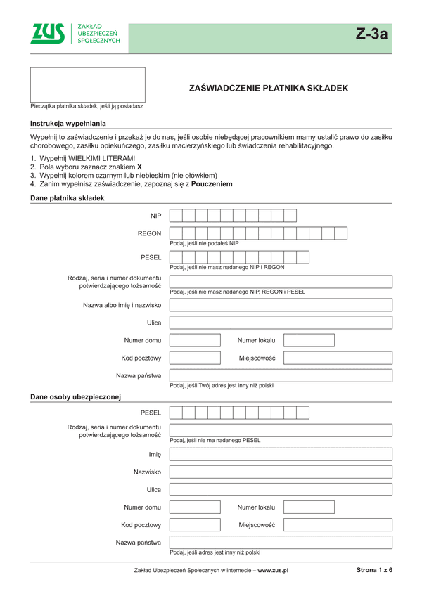 ZUS Z-3a (archiwalny) Zaświadczenie płatnika składek