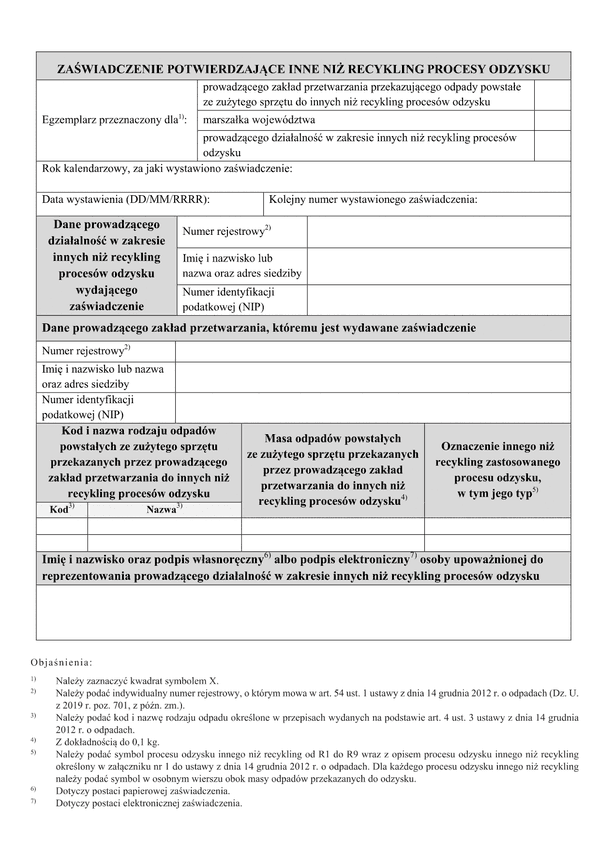 ZPIR Zaświadczenie potwierdzające inne niż recykling procesy odzysku
