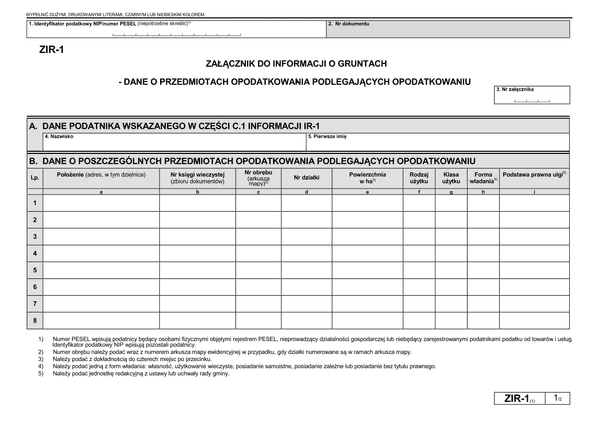 ZIR-1 (1) Załącznik do informacji o gruntach - dane o przedmiotach opodatkowania podlegających opodatkowaniu