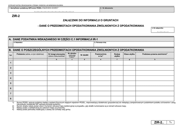 ZIR-2 (1) Załącznik do informacji o gruntach - dane o przedmiotach opodatkowania zwolnionych z opodatkowania
