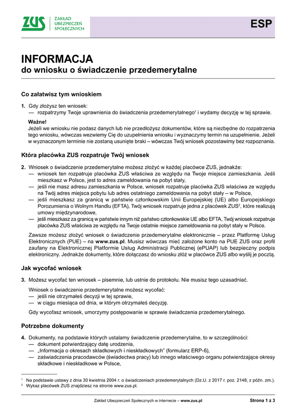 ZUS ESP Inf (archiwalny) Informacja do wniosku o świadczenie przedemerytalne