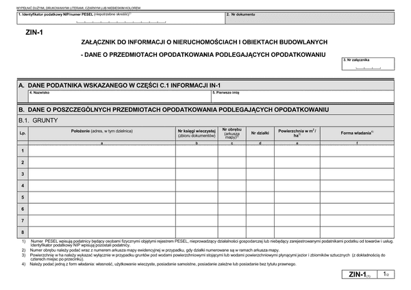 ZIN-1 (1) Załącznik do informacji o nieruchomościach i obiektach budowlanych - dane o przedmiotach opodatkowania podlegających opodatkowaniu