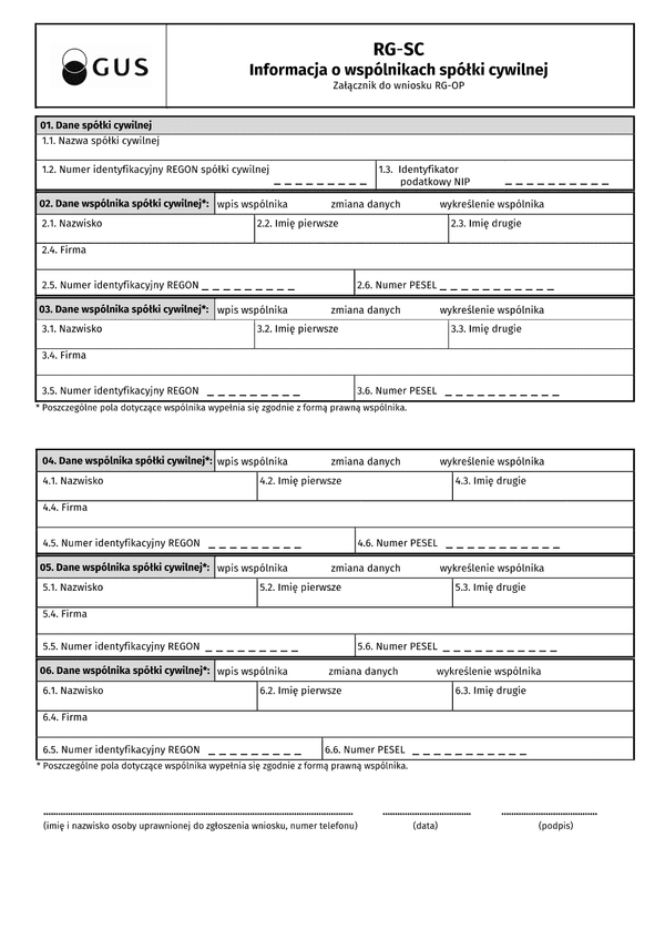 GUS RG-SC Informacja o wspólnikach spółki cywilnej