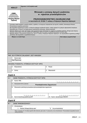 KRS-Z7 Wniosek o zmianę danych podmiotu w rejestrze przedsiębiorców - przedsiębiorstwo zagraniczne w rozumieniu art. 36 pkt 11 ustawy o krajowym rejestrze sądowym