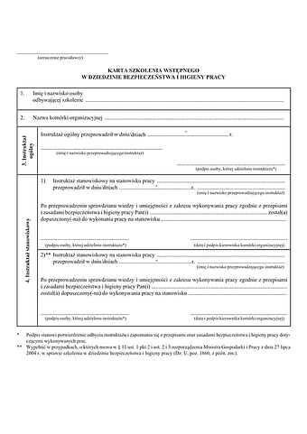 KSW-BHP Karta szkolenia wstępnego w dziedzinie bezpieczeństwa i higieny pracy