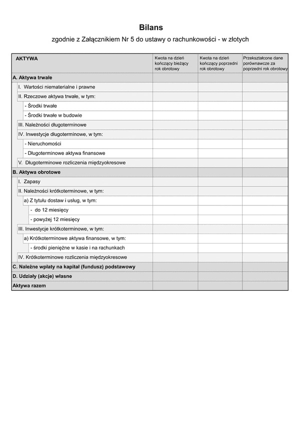 SFJMAZ BIL (v.1-2) Bilans - zgodnie z Załącznikiem Nr 5 do ustawy o rachunkowości (jednostka mała) w złotych - z wysyłką pliku xml JPK_SF 
