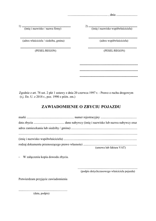 ZZP Zawiadomienie o zbyciu pojazdu 