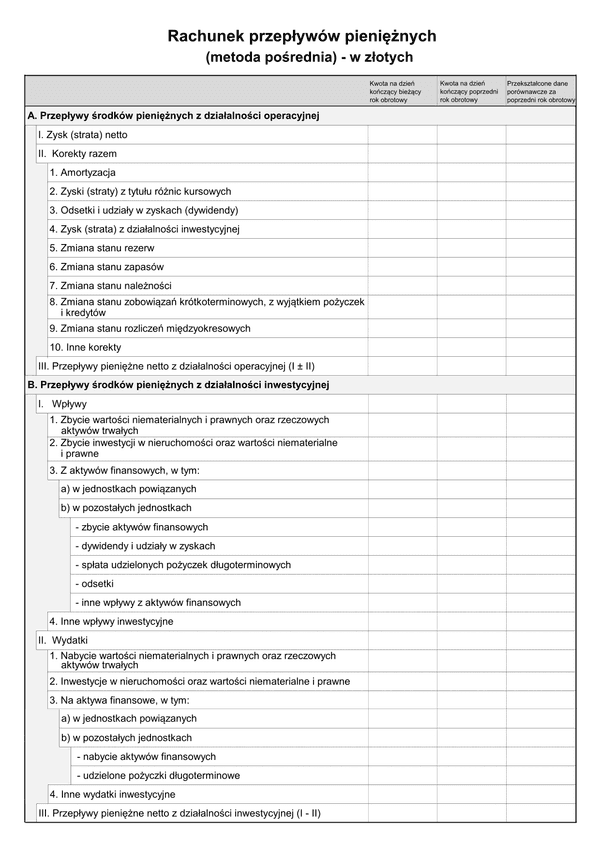 SFJINZ Rach-Pp (v.1-2) (v.1-3) Rachunek przepływów pieniężnych (metoda pośrednia) w złotych - z wysyłką pliku xml JPK_SF 
