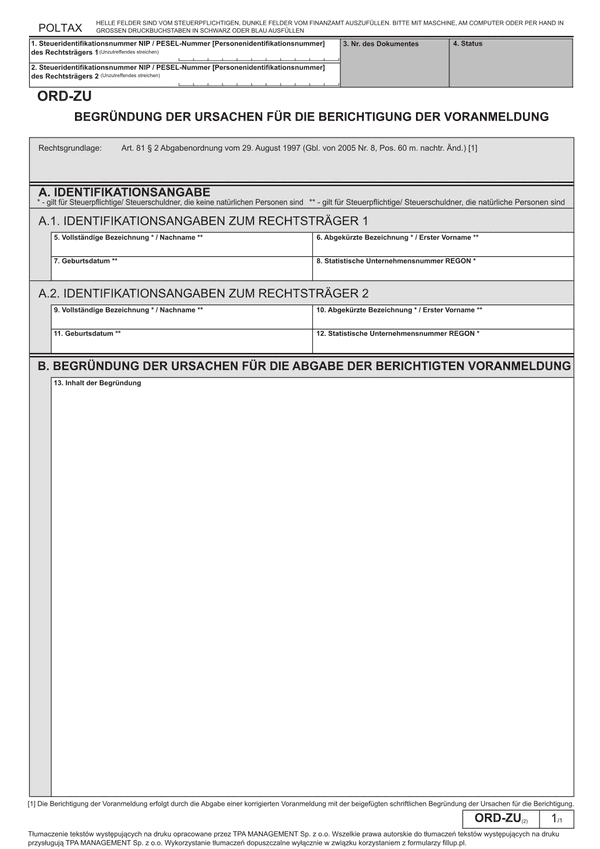ORD-ZU (2) - w. niem. BEGRÜNDUNG DER URSACHEN FÜR DIE BERICHTIGUNG DER VORANMELDUNG