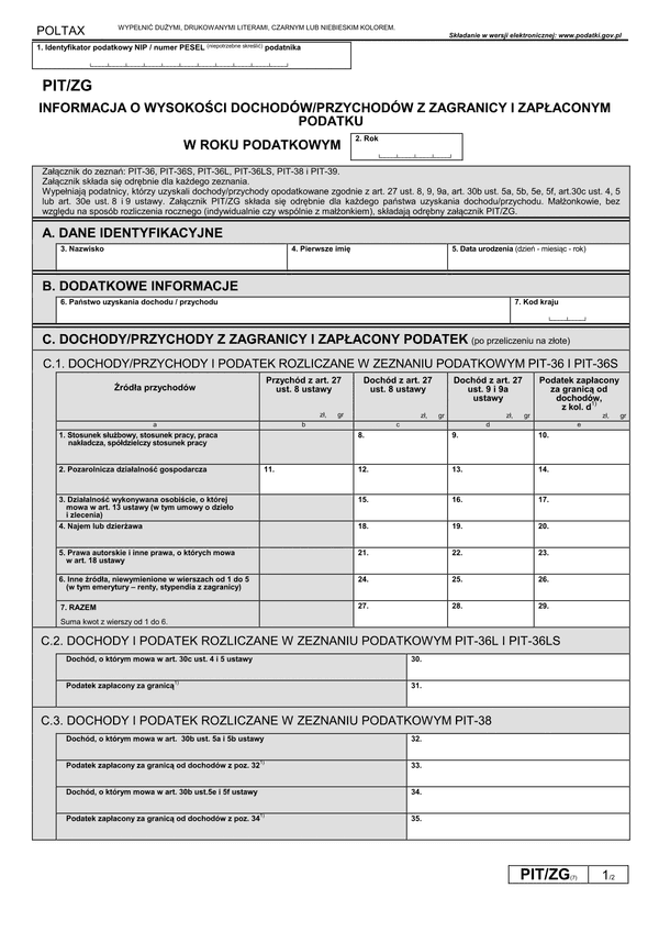 PIT/ZG (7) (archiwalny) (2019-2022) Informacja o wysokości dochodów/przychodów z zagranicy i zapłaconym podatku
