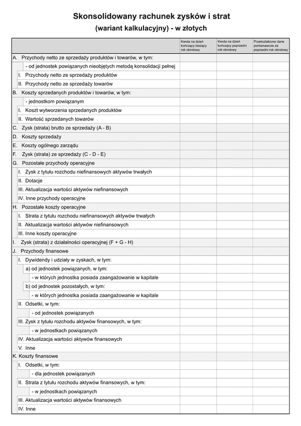SFJGKZ RZiS-WK (v.1-2) Skonsolidowany rachunek zysków i strat (wariant kalkulacyjny) do sprawozdania finansowego dla grup kapitałowych w złotych - z wysyłką pliku xml JPK_SF 
