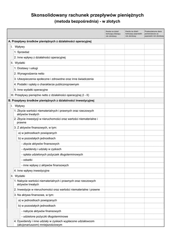 SFJGKZ Rach-Pb (v.1-2) Skonsolidowany rachunek przepływów pieniężnych (metoda bezpośrednia) do sprawozdania finansowego grup kapitałowych w złotych - z wysyłką pliku xml JPK_SF 