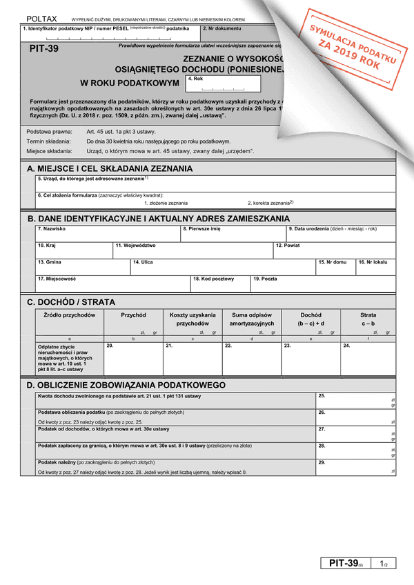 PIT-39 (9) (archiwalny) (2019) Zeznanie o wysokości osiągniętego dochodu (poniesionej straty)