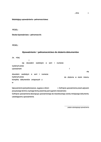 UPZD Upoważnienie – pełnomocnictwo do złożenia dokumentów