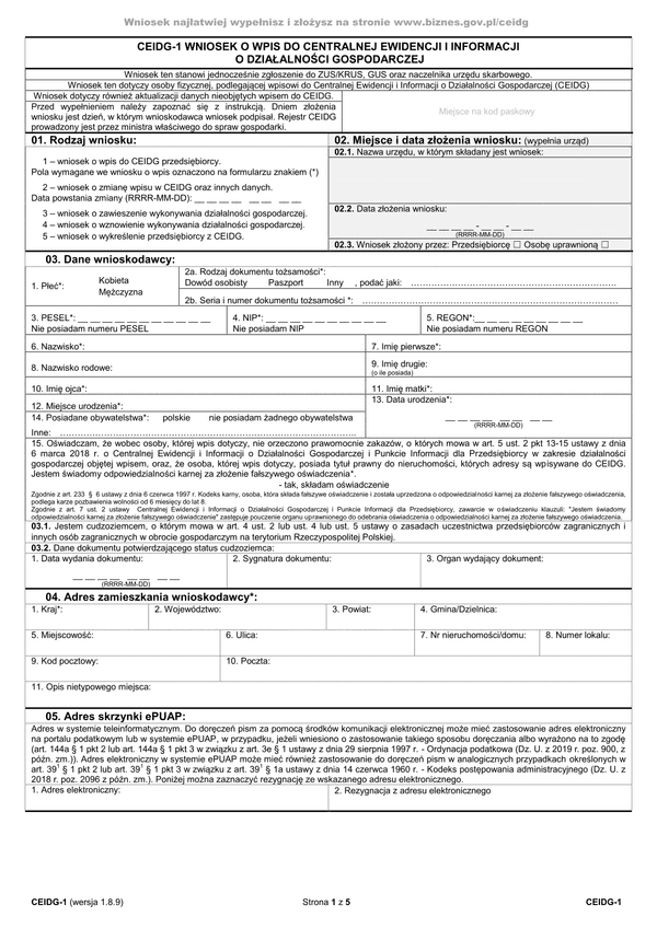 CEIDG-1 (1.8.9) (archiwalny) Wniosek o wpis do centralnej ewidencji i informacji o działalności gospodarczej