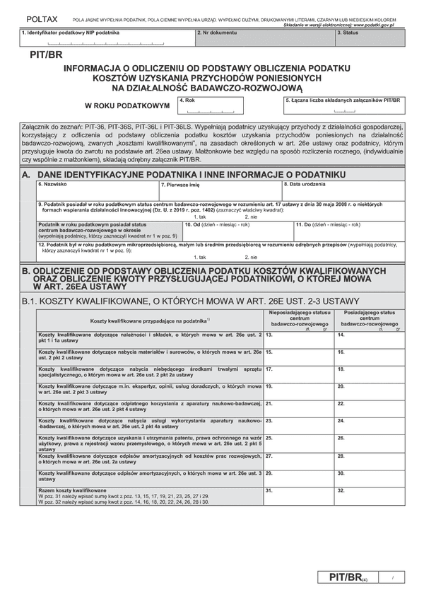 PIT/BR (4) (archiwalny) (2019-2020) Informacja o odliczeniu od podstawy obliczenia podatku kosztów uzyskania przychodów poniesionych na działalność badawczo-rozwojową