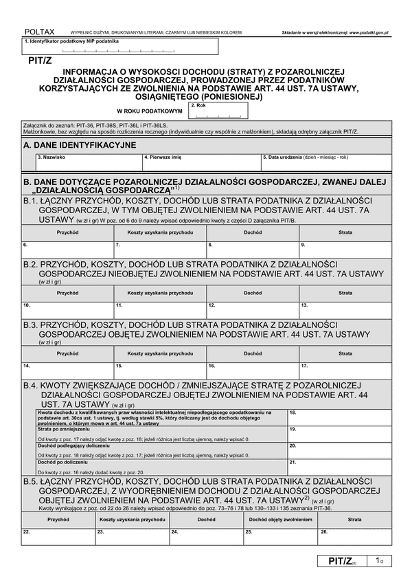 PIT/Z (8) (archiwalny) (2019) Informacja o wysokości dochodu (straty) z pozarolniczej działalności gospodarczej, prowadzonej przez podatników korzystających ze zwolnienia na podstawie art.44 ust.7a ustawy, osią