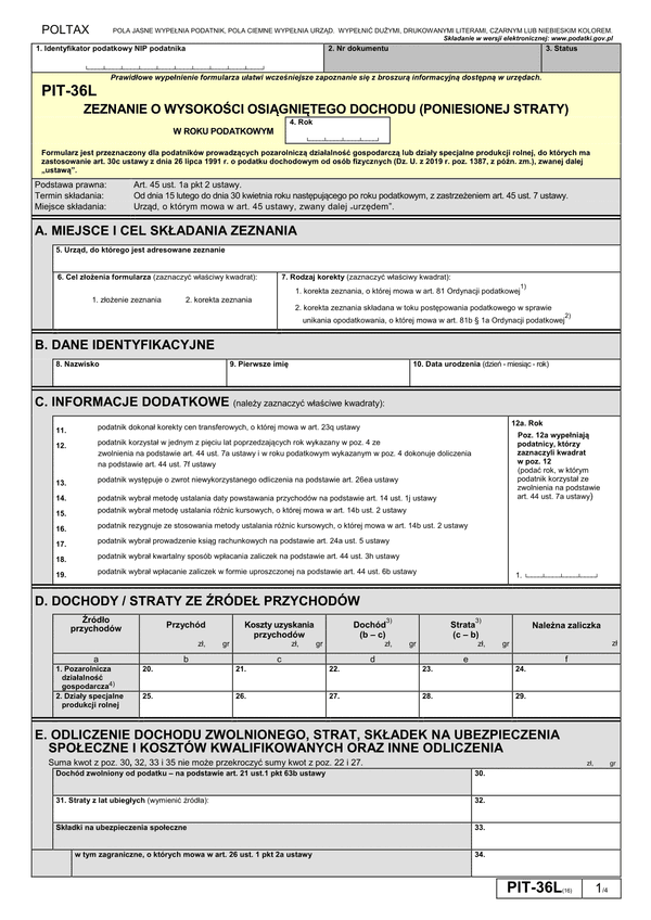 PIT-36L (16) (archiwalny) (2019) Zeznanie o wysokości osiągniętego dochodu (poniesionej straty)