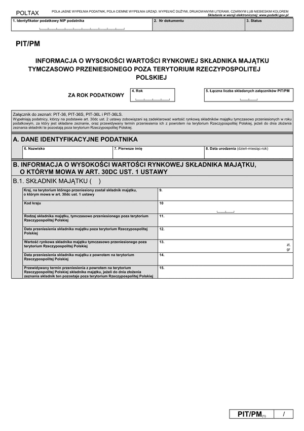 PIT/PM (1) (2019-2023) Informacja o wysokości wartości rynkowej składnika majątku tymczasowo przeniesionego poza terytorium Rzeczypospolitej Polskiej